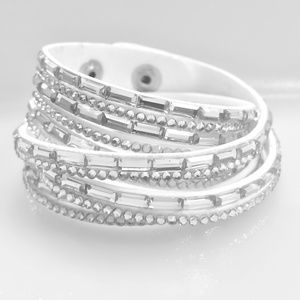 White leather crystal bead long wrap bracelet